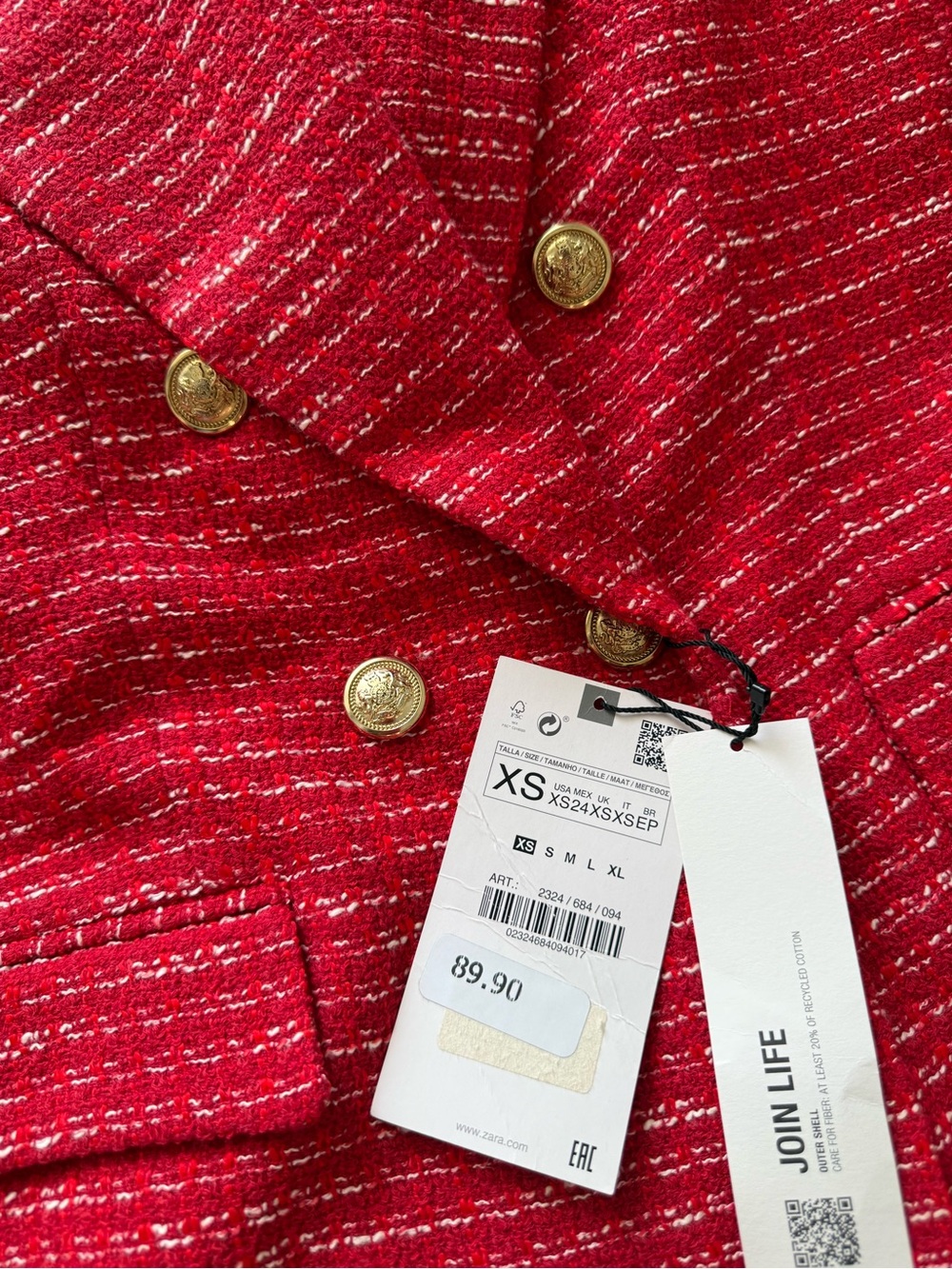 ZARA Red Tweed Double-Breasted Blazer with Gold Buttons - Picture 4 of 4